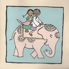 Jongen en meisje op een roze olifant